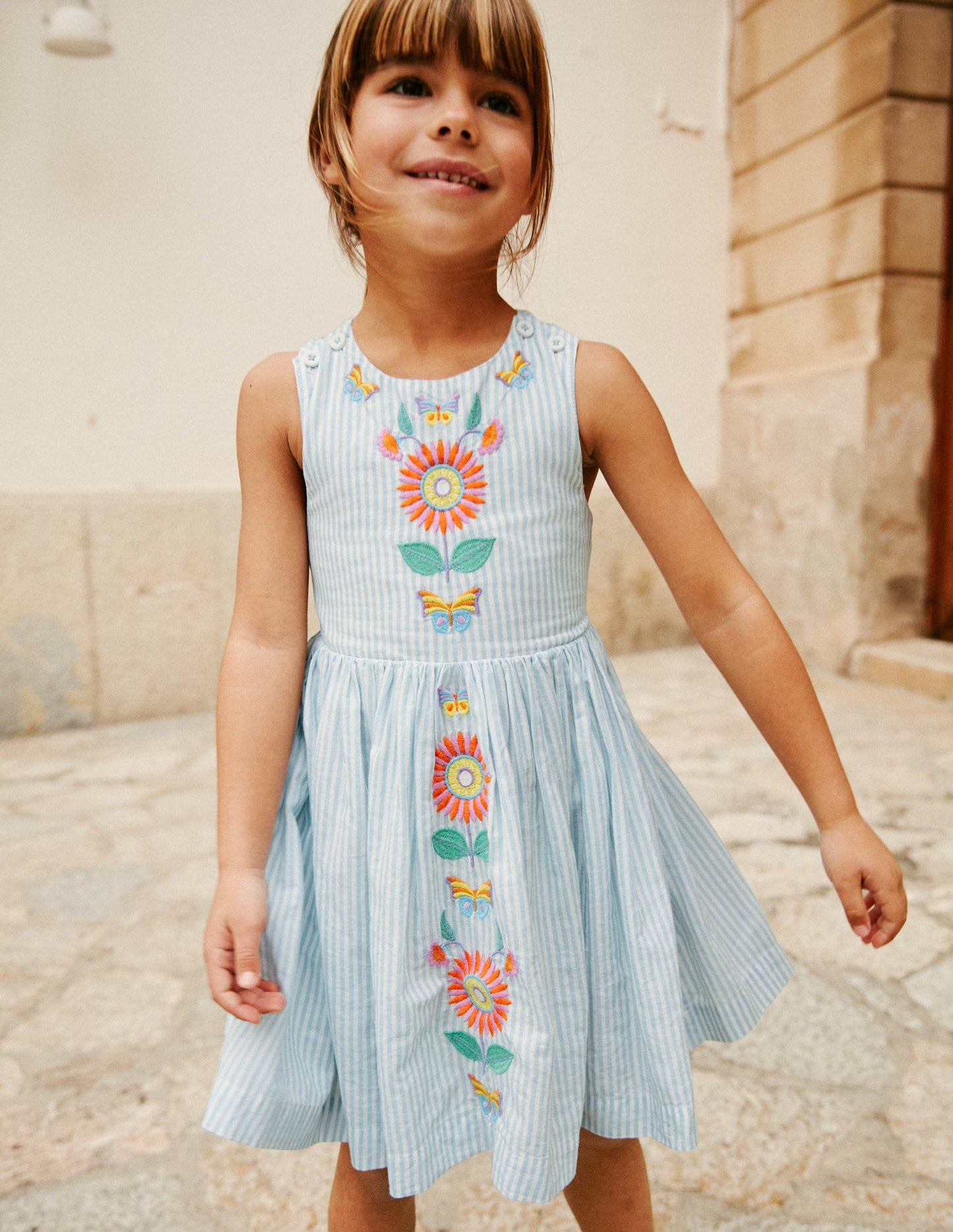 Cross-Back Dress-Blue / Ivory Stripe Floral