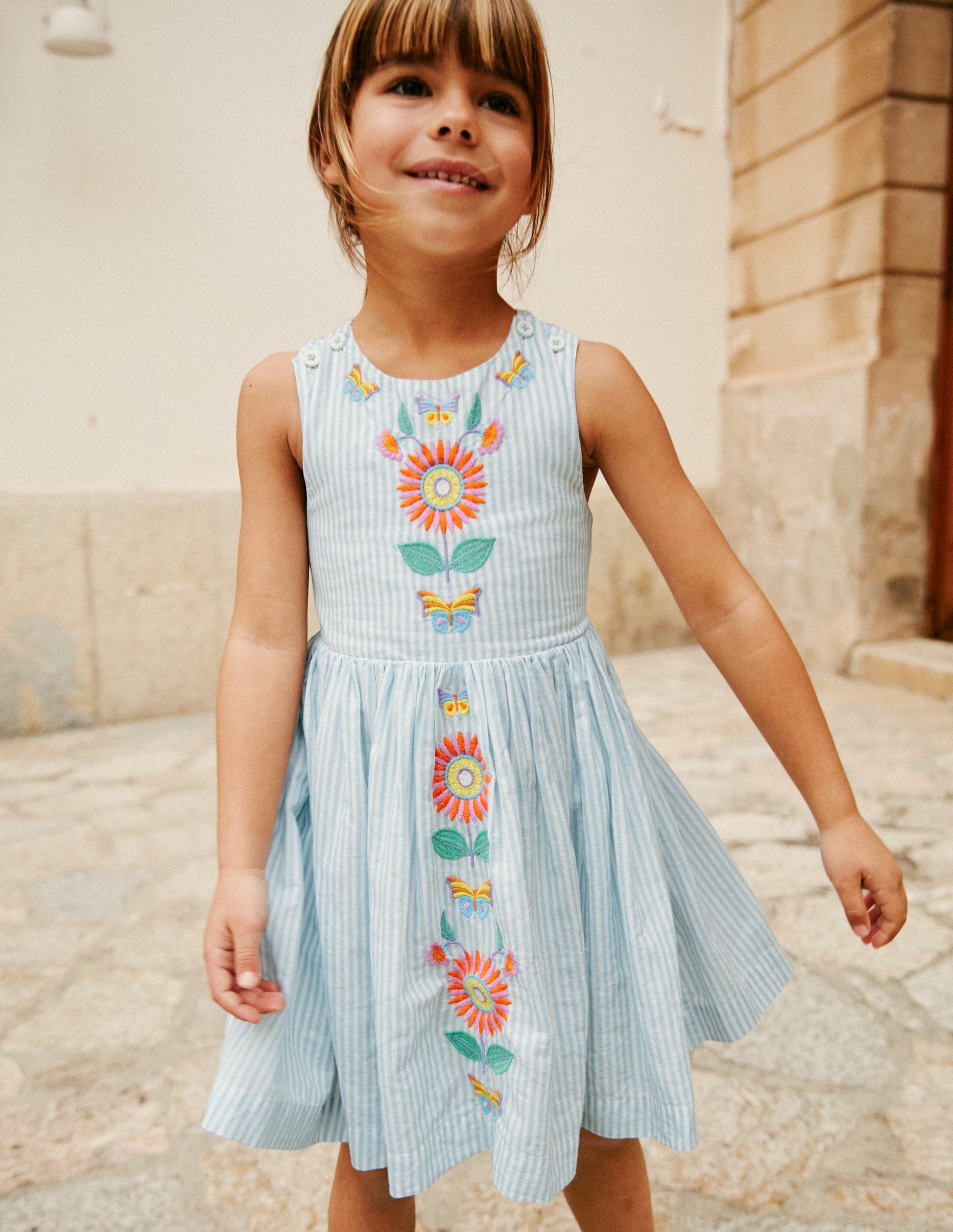 Cross-Back Dress-Blue / Ivory Stripe Floral-4