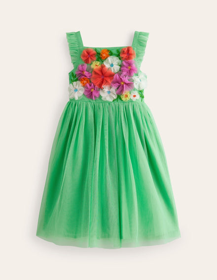 Appliqué Tulle Dress-Pea Green Flowers