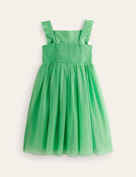 Appliqué Tulle Dress-Pea Green Flowers