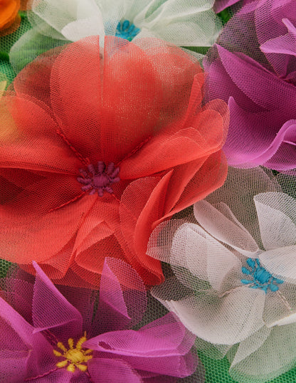 Appliqué Tulle Dress-Pea Green Flowers-3