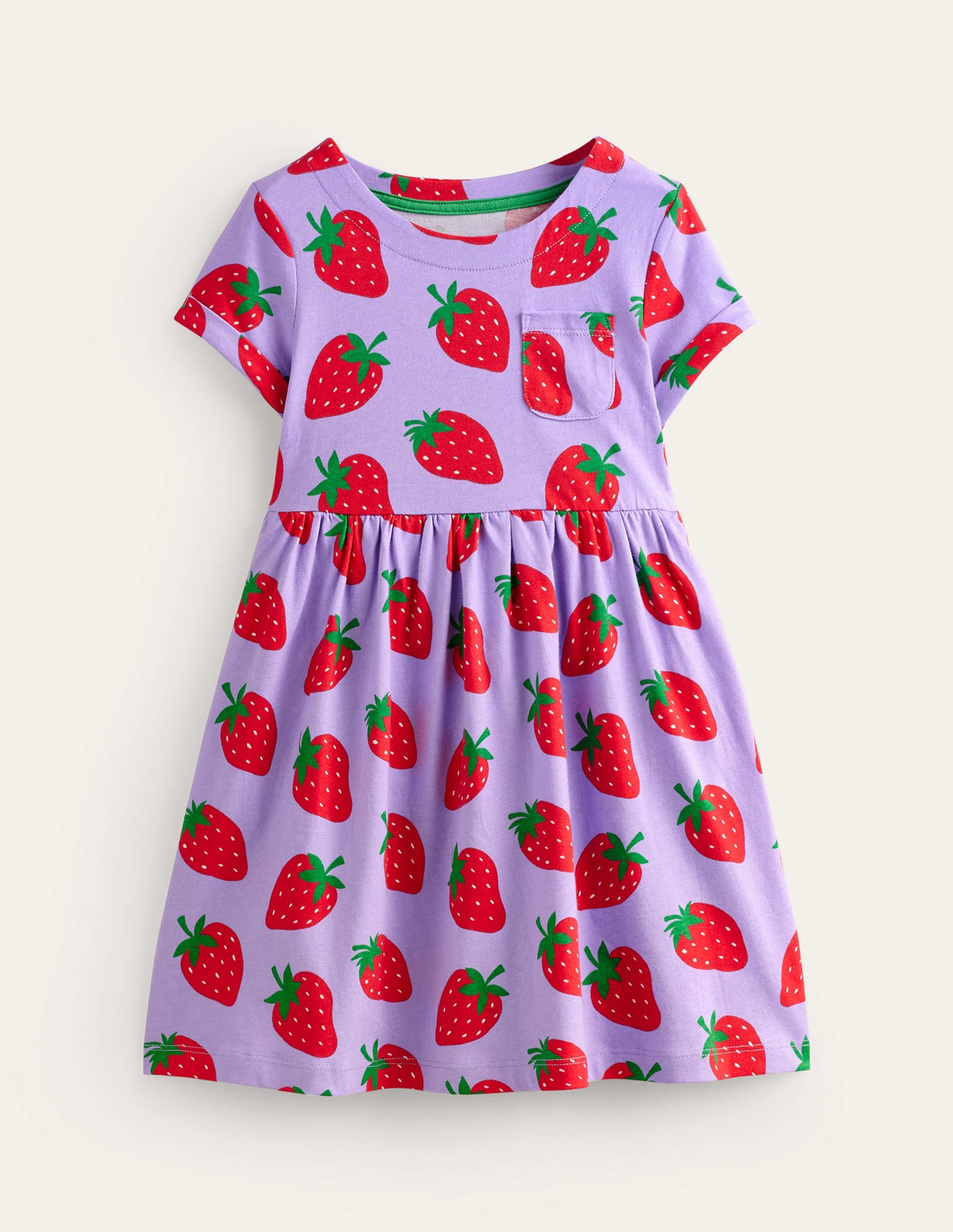 Short-sleeved Fun Jersey Dress-Parma Violet Strawberries - Image 1