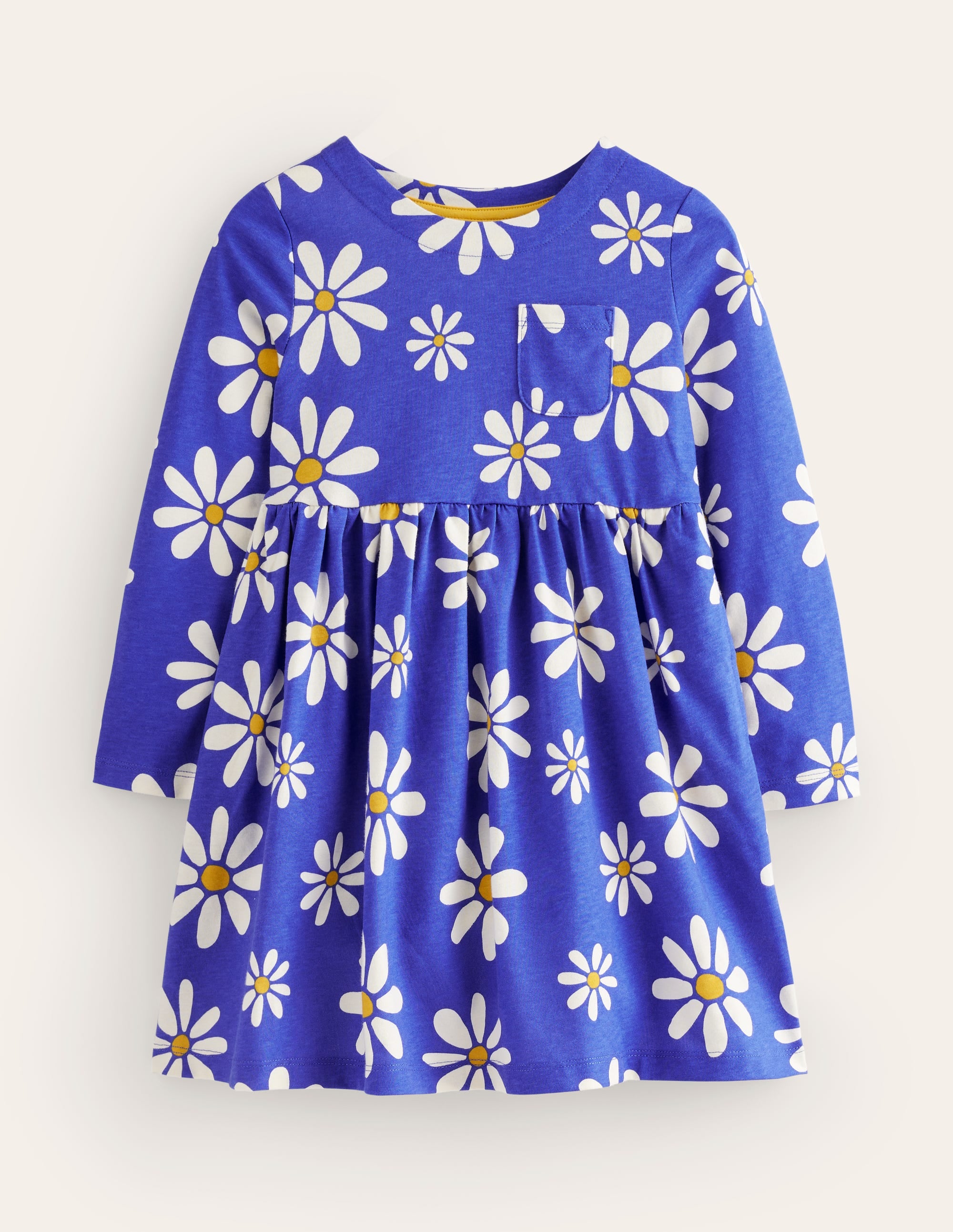Long Sleeve Fun Jersey Dress-Sapphire Blue Daisies - Image 1