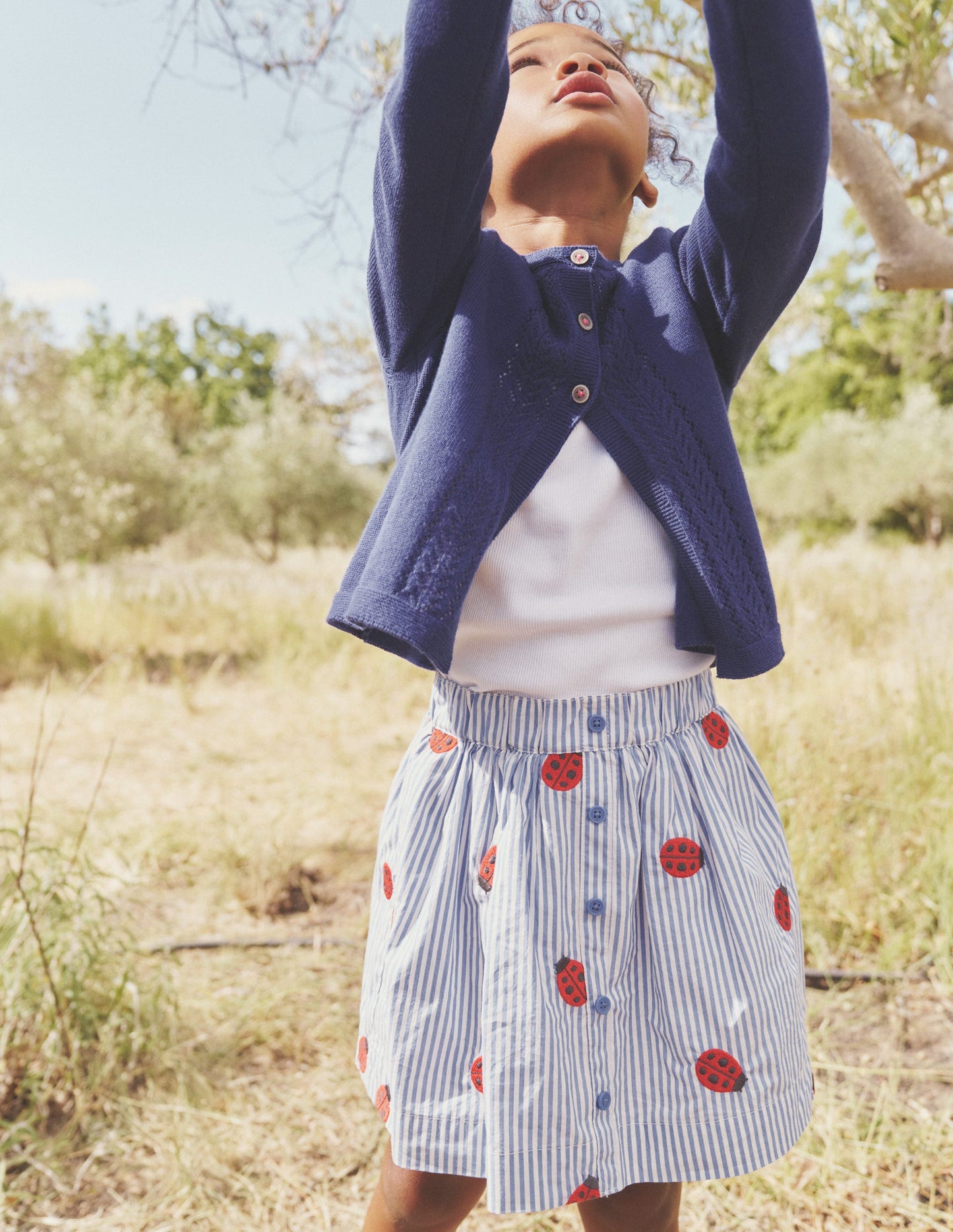 Button Through Twirly Skirt-Ticking Stripe Ladybird