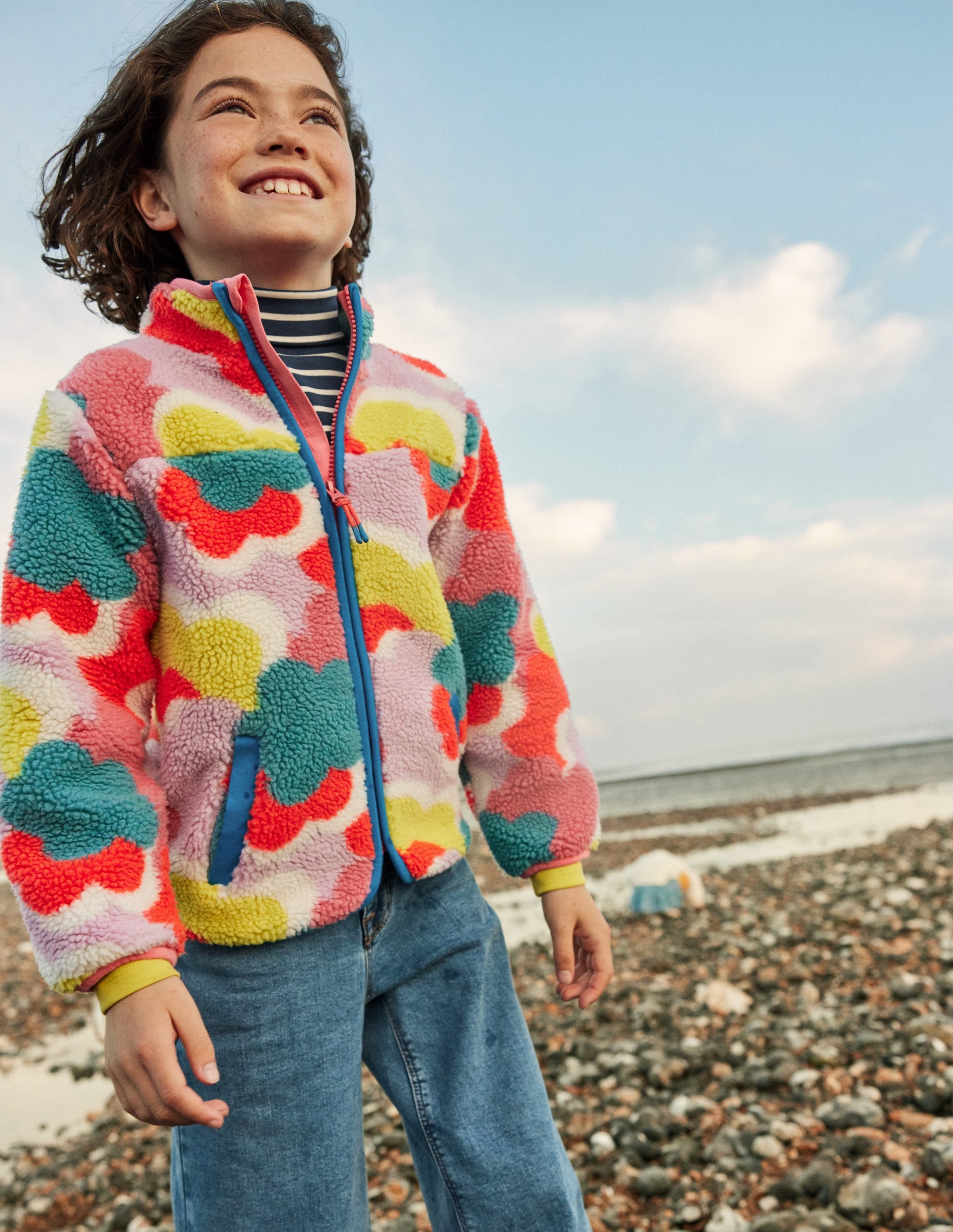 Zip Through Printed Fleece-Multi Rainbow Clouds - Image 4
