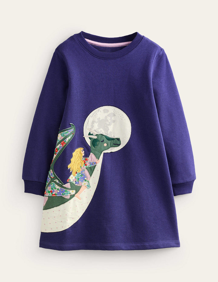 Cosy Appliqué Sweatshirt Dress-Navy Dragons