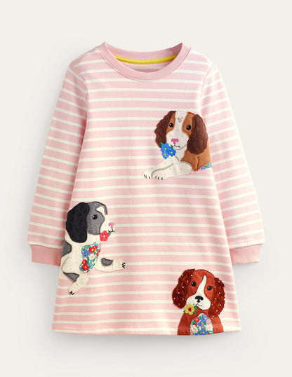 Cosy Appliqué Sweatshirt Dress-Ballet Pink/Ivory Dogs-1