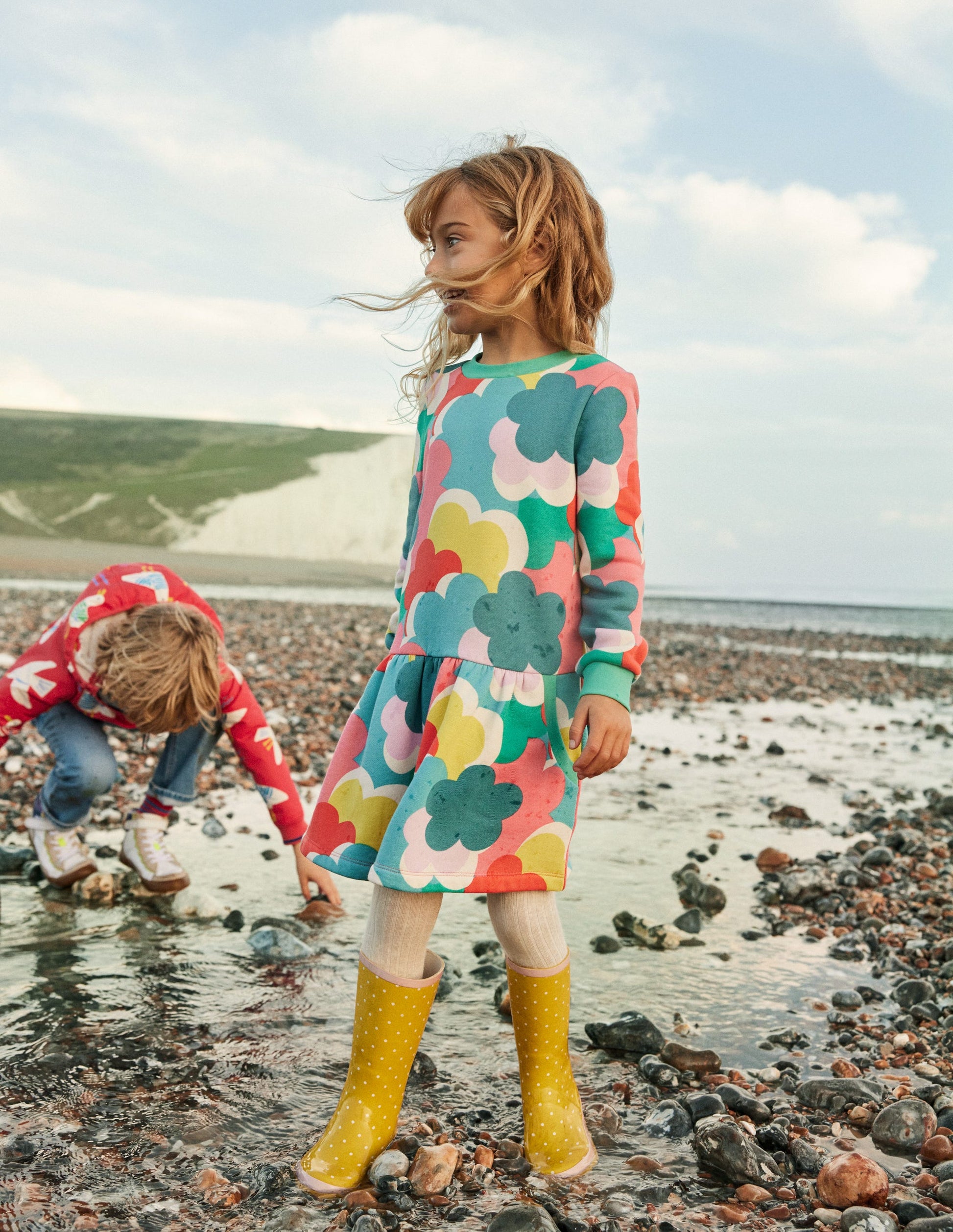 Cosy Printed Sweatshirt Dress-Multi Rainbow Clouds-4