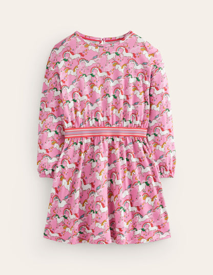 Blouson Sleeve Printed Dress-Ballet Pink Unicorns