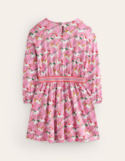 Blouson Sleeve Printed Dress-Ballet Pink Unicorns