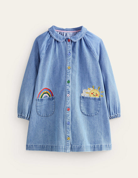 Appliqué Shirt Dress-Mid Vintage Denim Weather