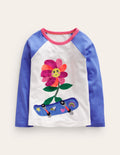 Raglan Appliqué T-Shirt-Surf Blue/Vanilla Pod Flower