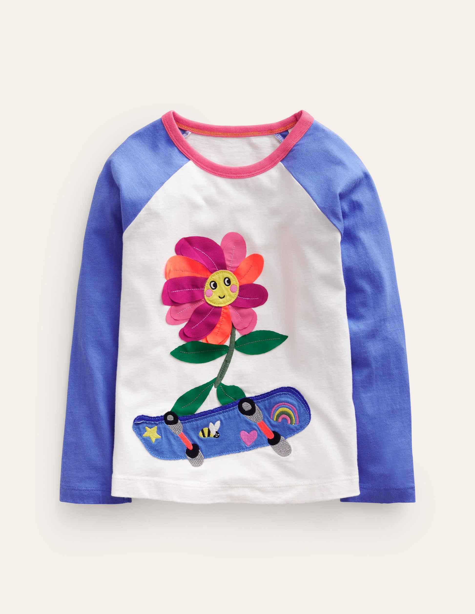 Raglan Appliqué T-Shirt-Surf Blue/Vanilla Pod Flower-1