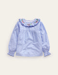 Embroidered Collar Top-Surf Blue / Ivory Stripe