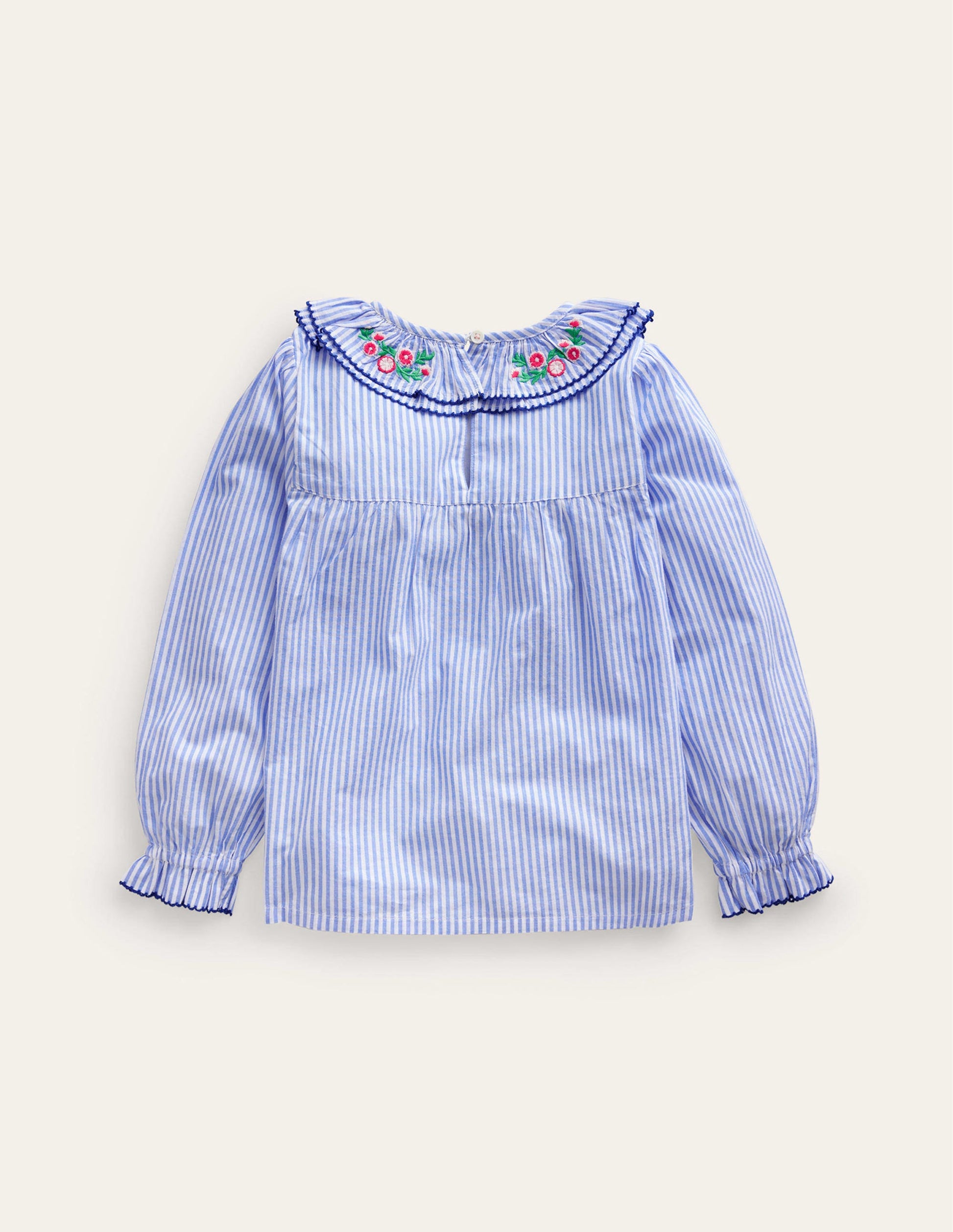 Embroidered Collar Top-Surf Blue / Ivory Stripe-2