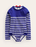Long Sleeve Frilly Swimsuit-Sapphire Blue, Ivory Stripe