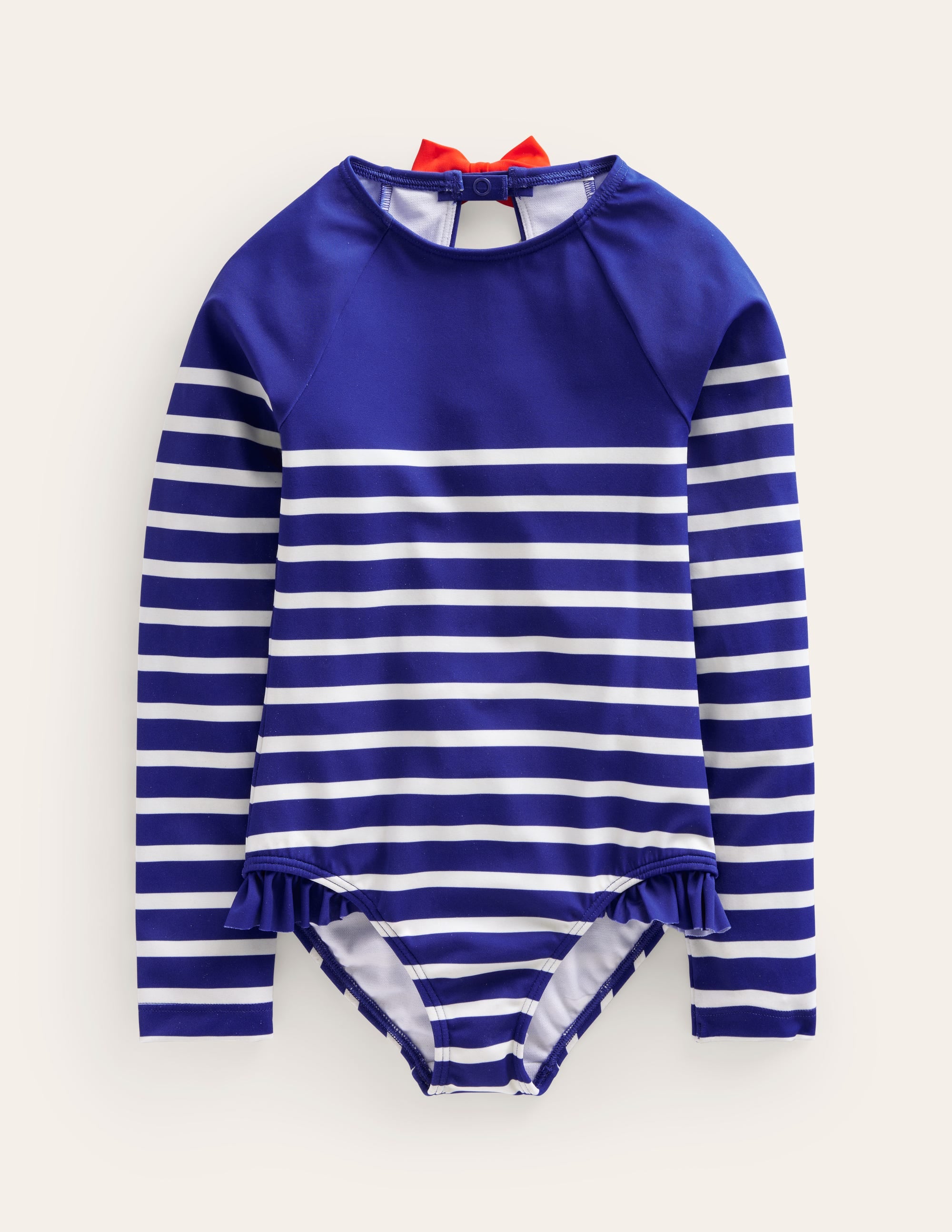 Long Sleeve Frilly Swimsuit-Sapphire Blue, Ivory Stripe - Image 1