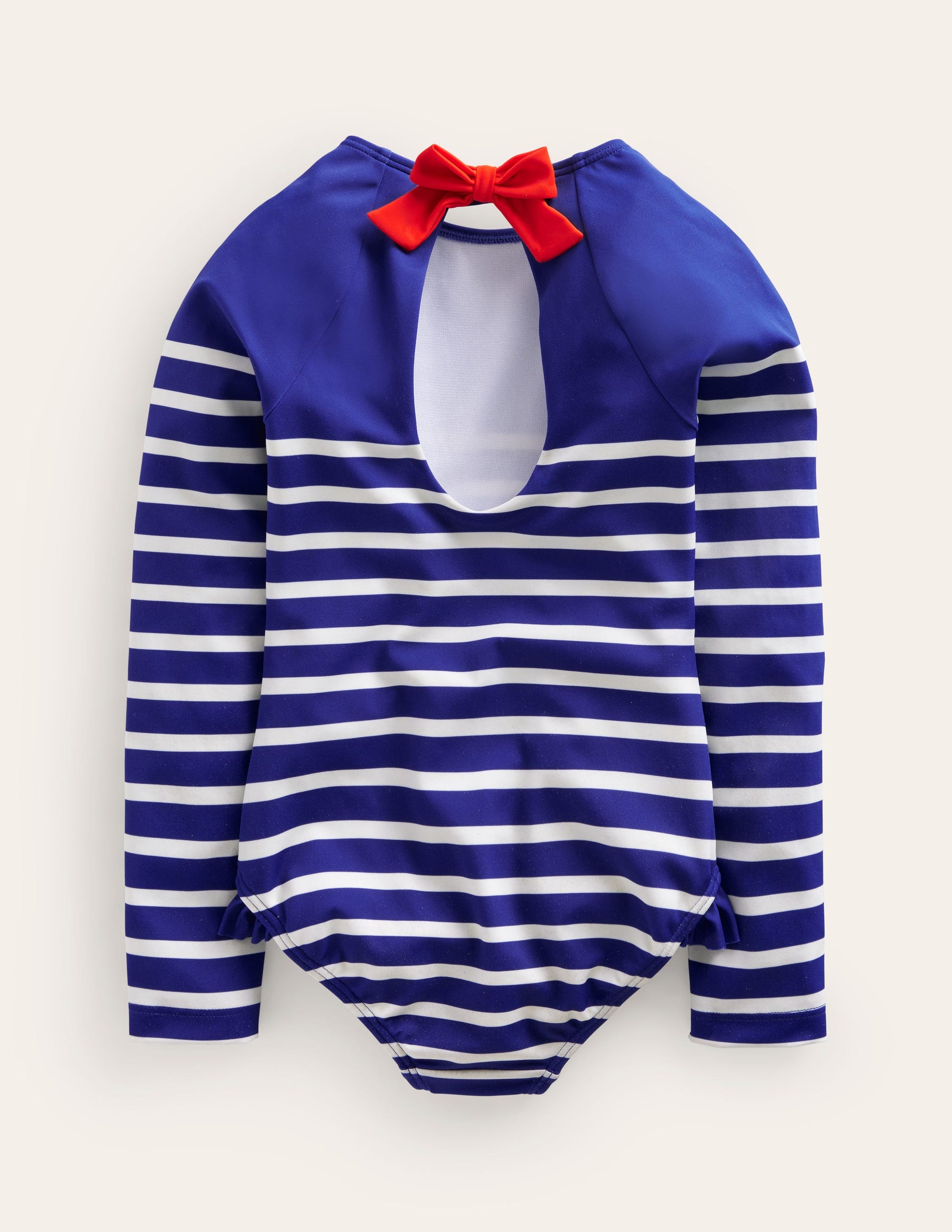 Long Sleeve Frilly Swimsuit-Sapphire Blue, Ivory Stripe-2