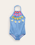Halterneck Flutter Swimsuit-Blue Multi Flower