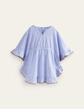 Pom Trim Poncho Kaftan-Surf Blue / Ivory Stripe