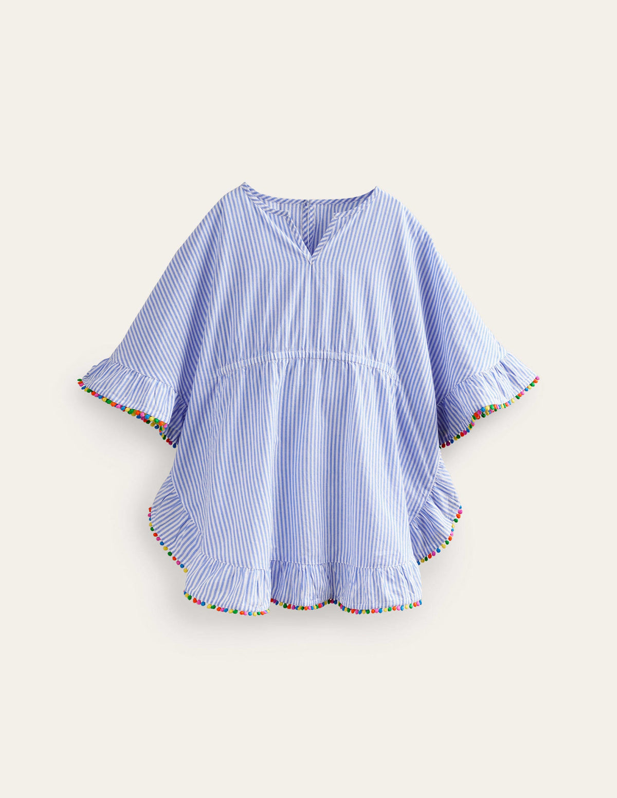 Pom Trim Poncho Kaftan-Surf Blue / Ivory Stripe-1