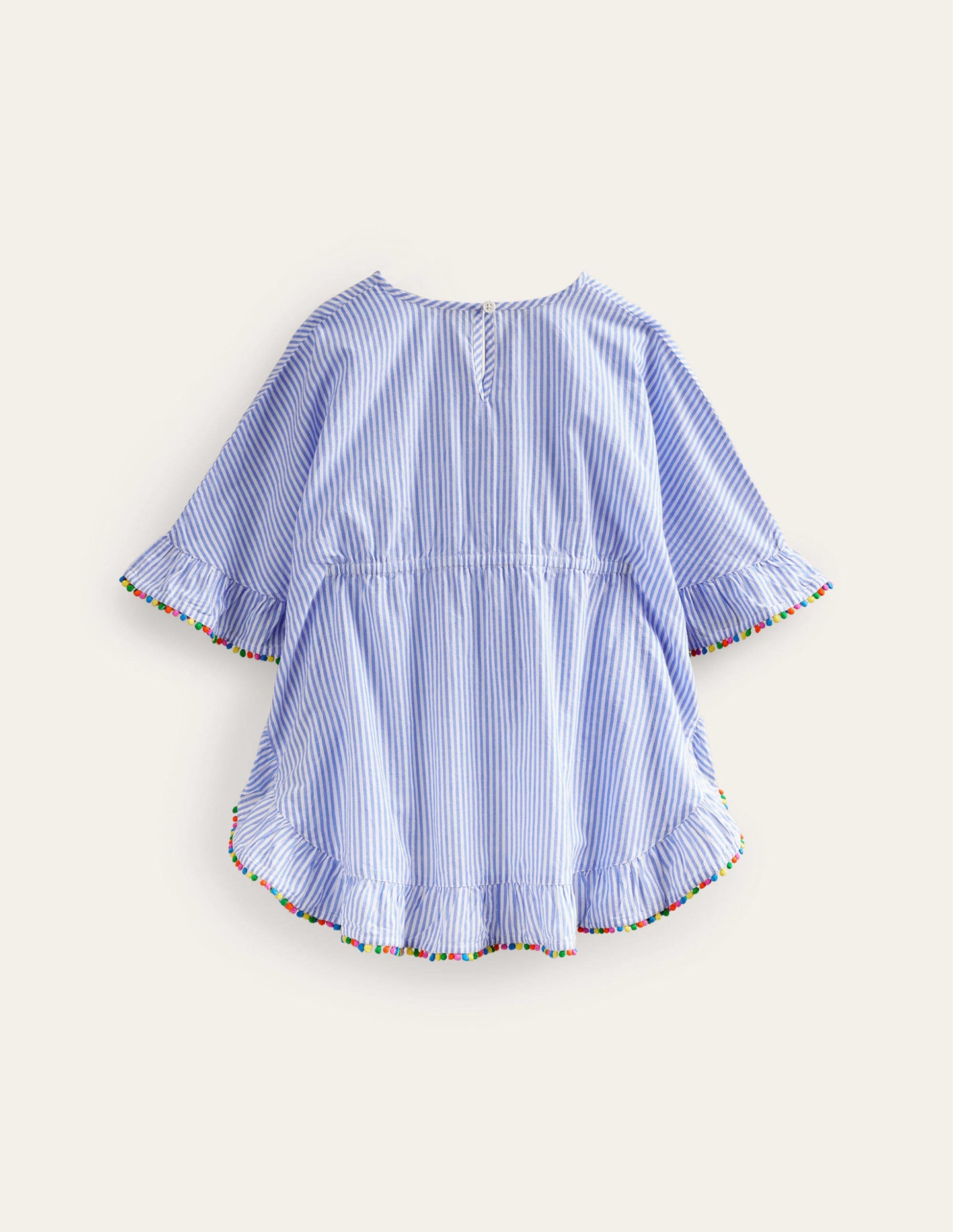 Pom Trim Poncho Kaftan-Surf Blue / Ivory Stripe-2
