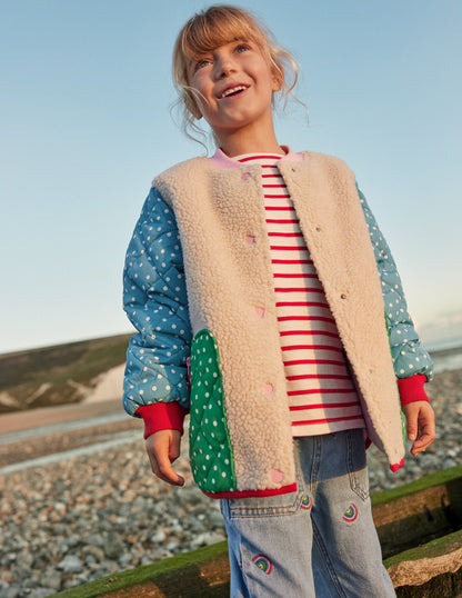 Borg Mix Bomber Jacket-Ivory / Colourblock Spot-5