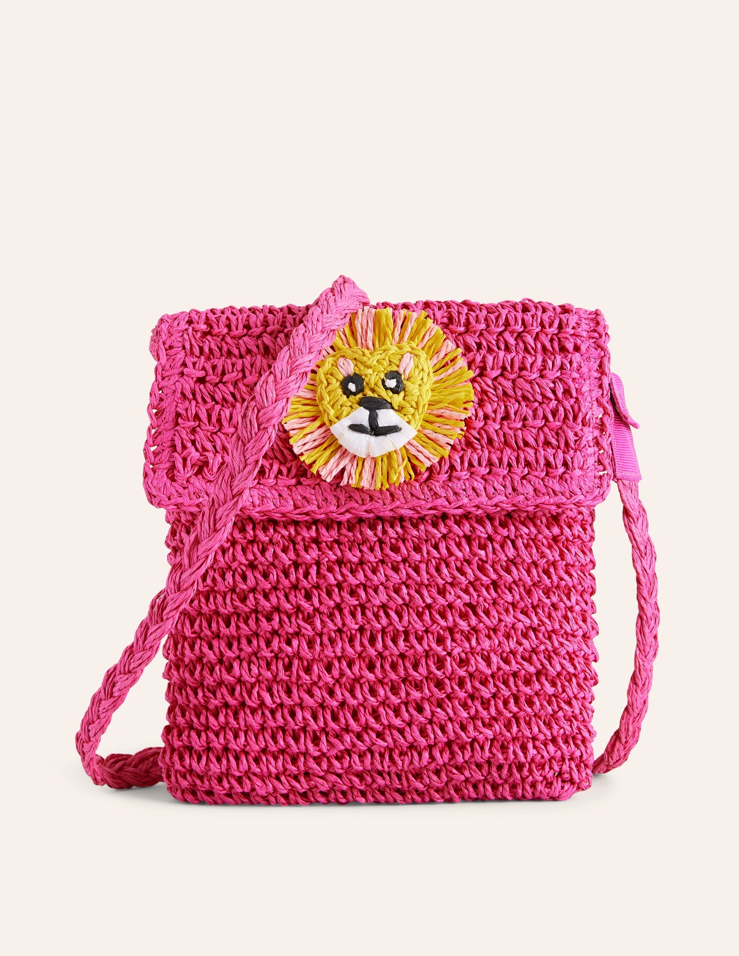 Cross-Body Straw Bag-Pink Lion Appliqué