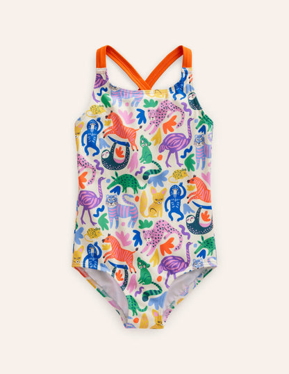 Cross-back Printed Swimsuit-Multi Safari Friends-1