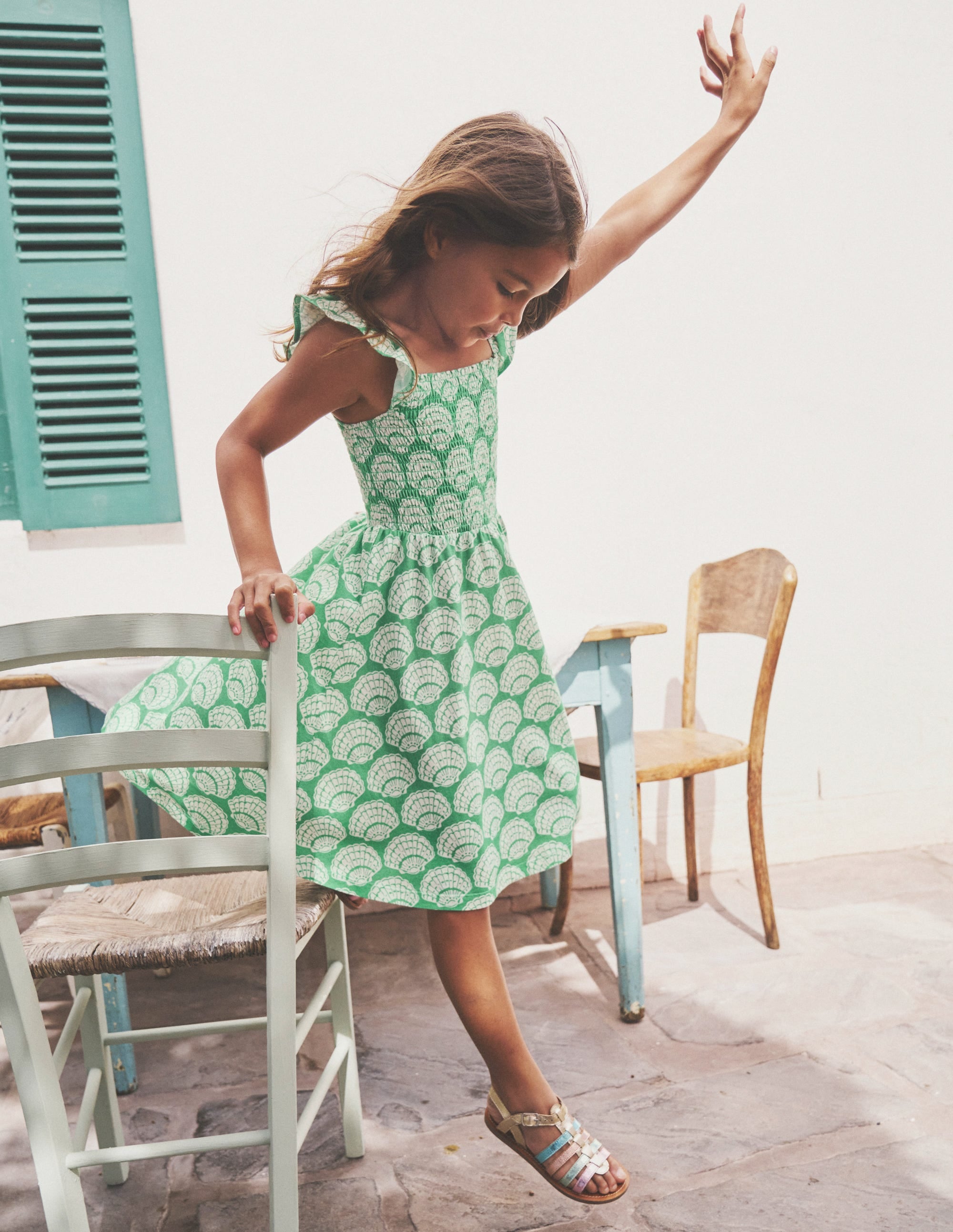 Shirred Jersey Dress-Pea Green Seashells - Image 4