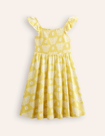 Shirred Jersey Dress-Yellow Butterfly Stamp-1