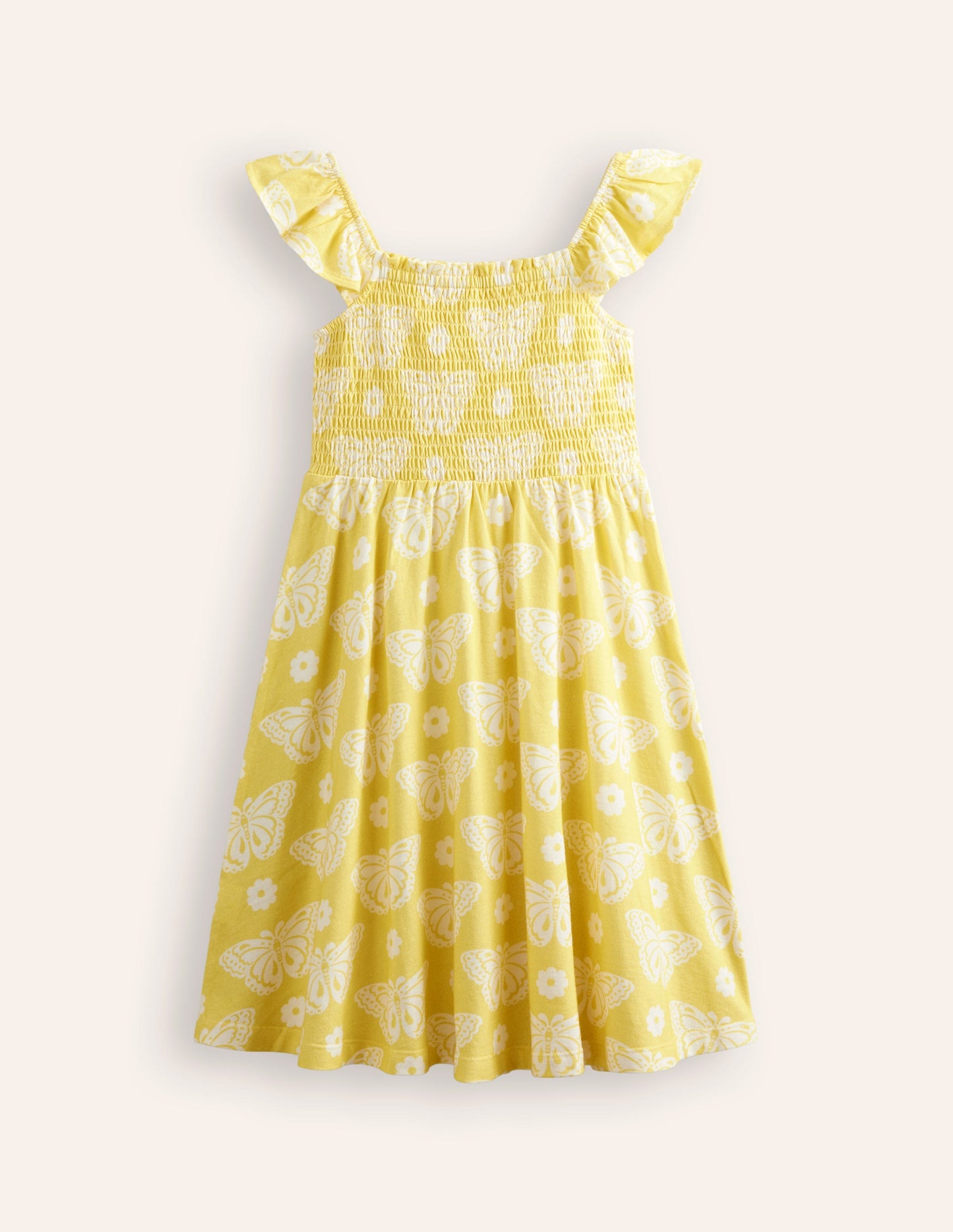 Shirred Jersey Dress-Yellow Butterfly Stamp