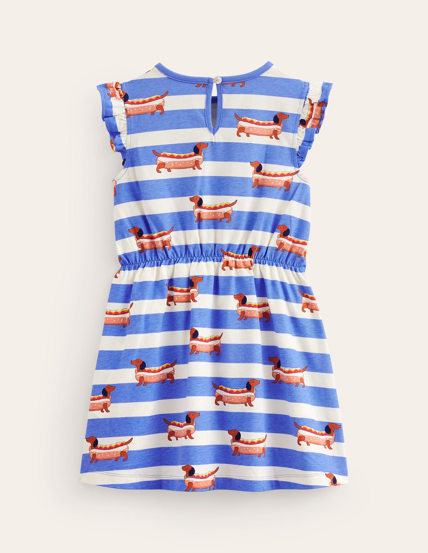 Frill Sleeve Jersey Dress-Surf Blue Hot Dog Stripe