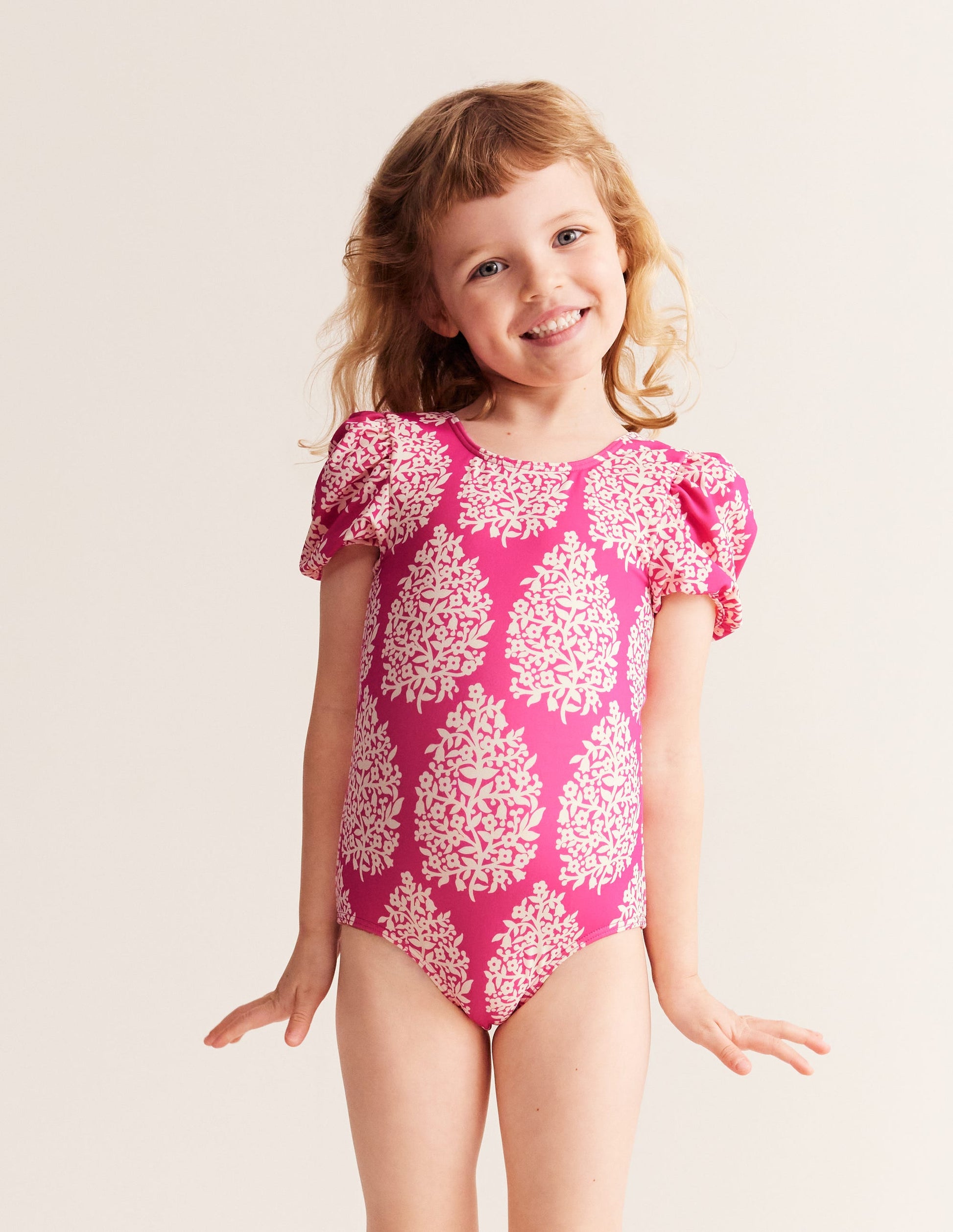 Printed Puff-sleeved Swimsuit-Pink Small Flower Stamp-1