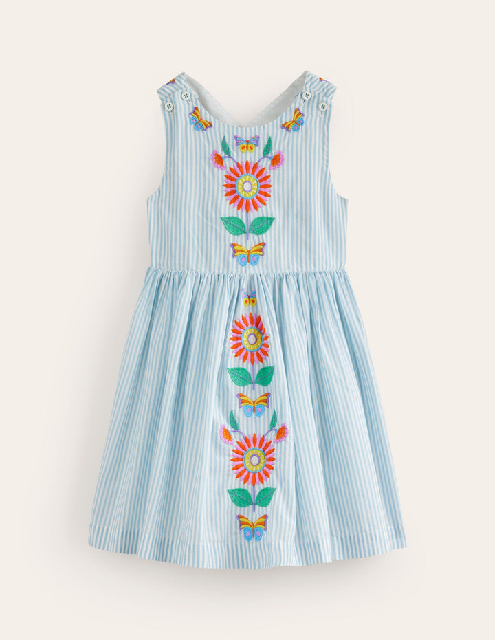 Cross-Back Dress-Blue / Ivory Stripe Floral