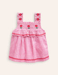 Embroidered Shirred Top-Pink Gingham