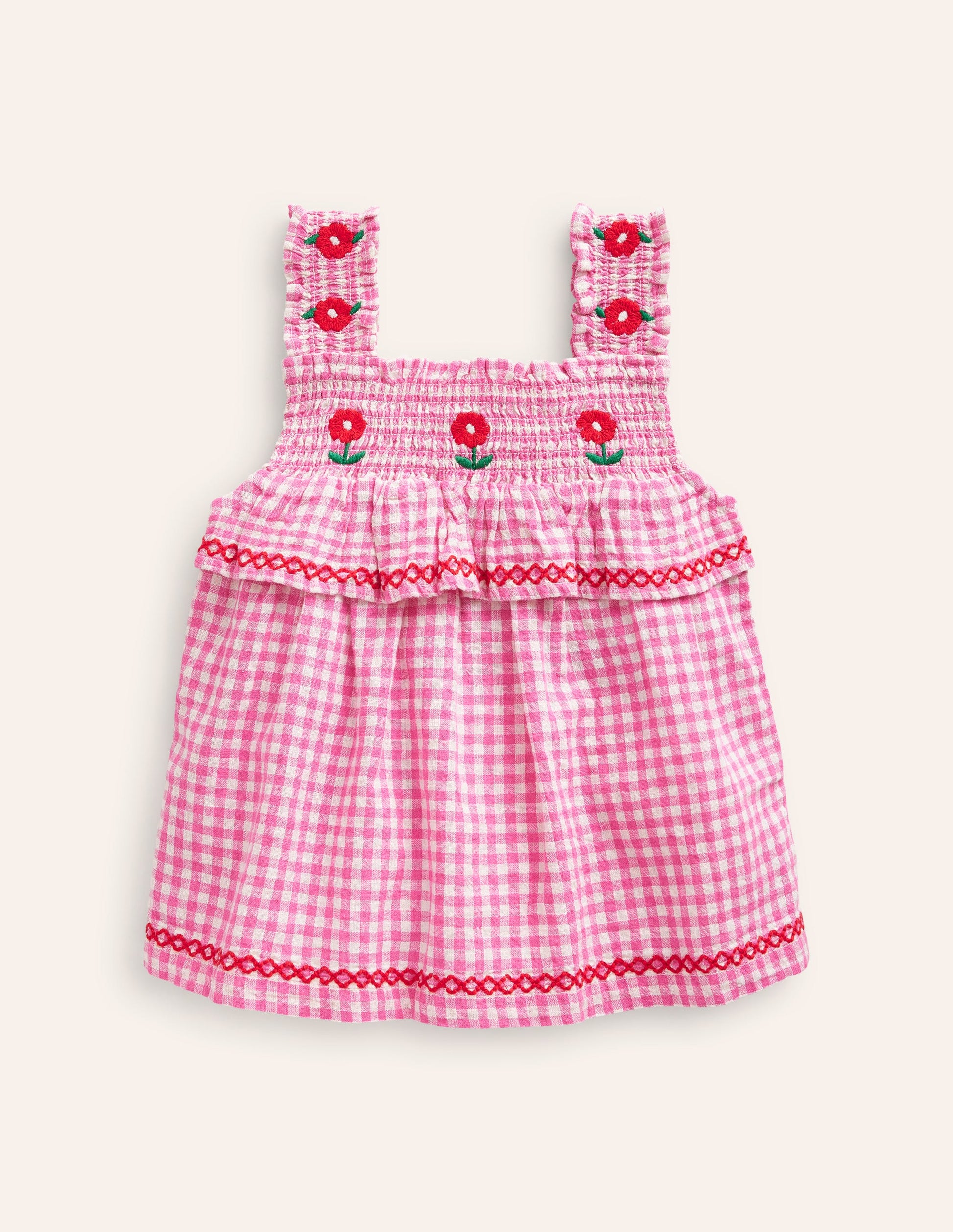 Embroidered Shirred Top-Pink Gingham-1