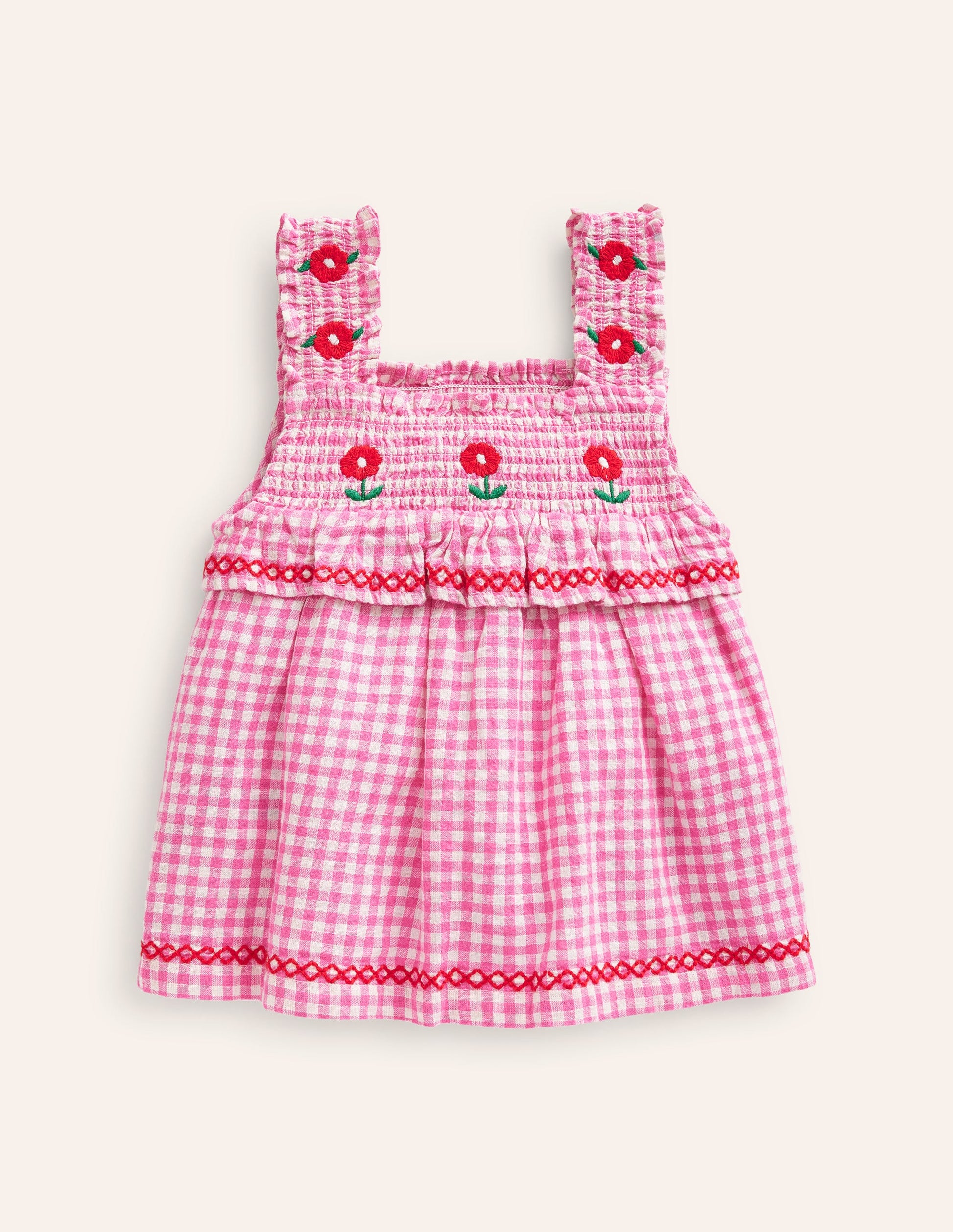 Embroidered Shirred Top-Pink Gingham-2