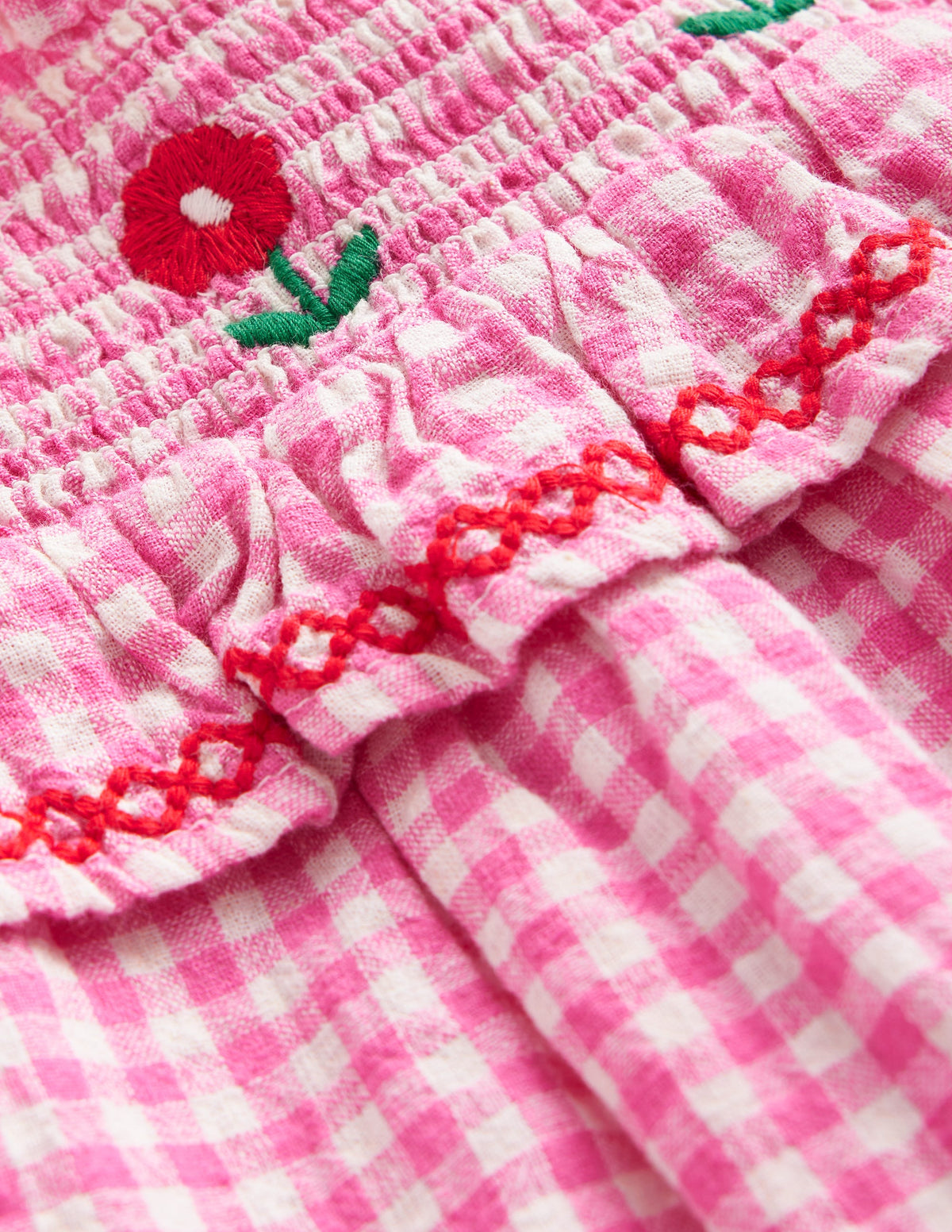 Embroidered Shirred Top-Pink Gingham-3