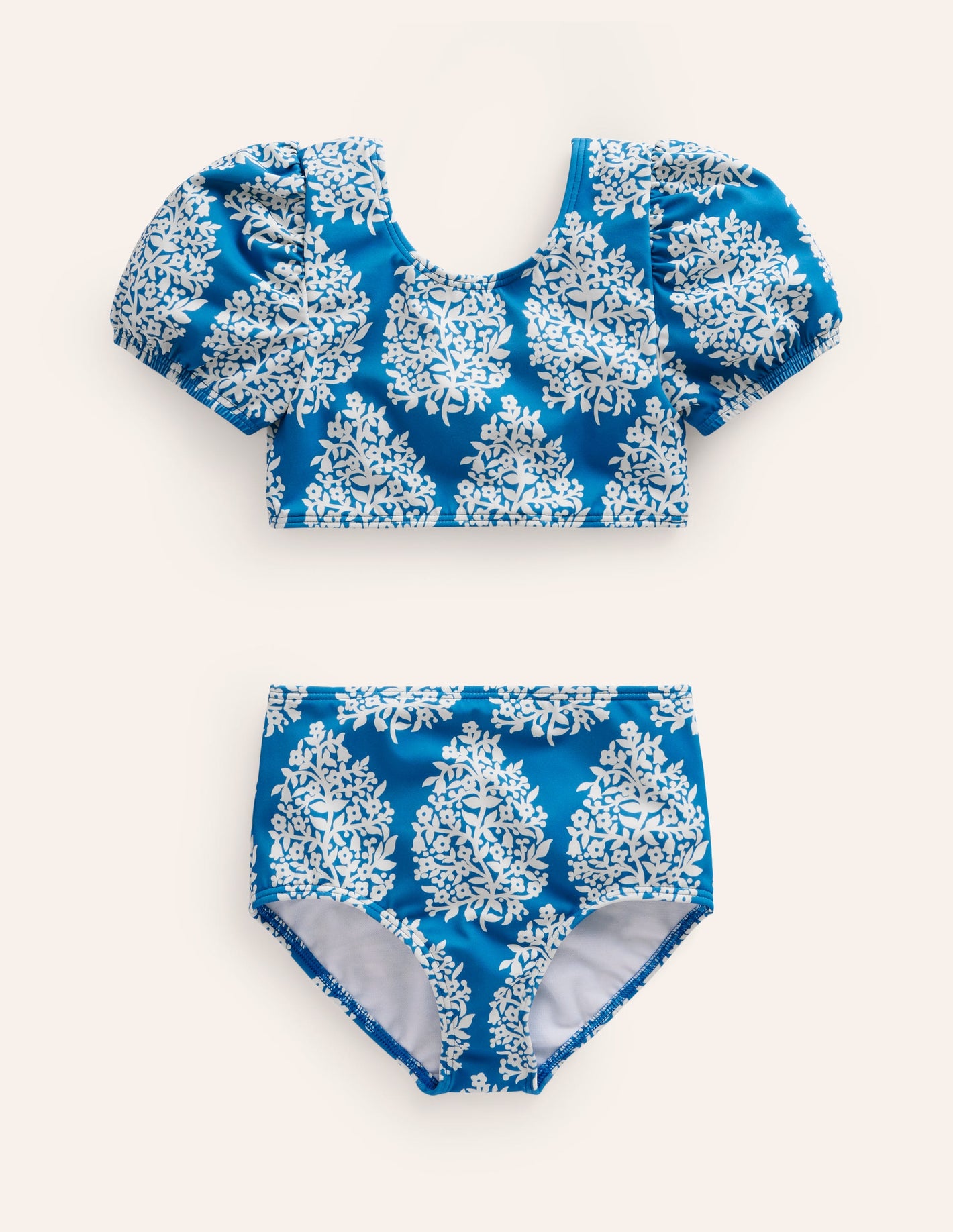 Puff Sleeve Bikini-Cabana Blue Small Flower Stamp