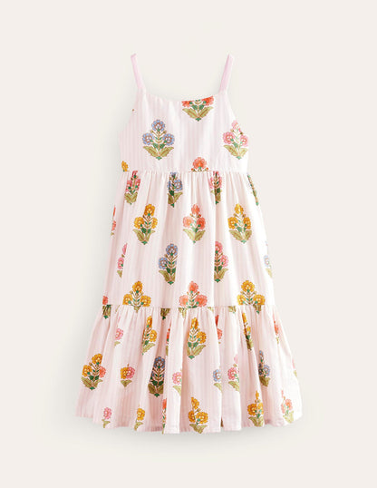 Tiered Twirly Sundress-Pink Woodblock Floral