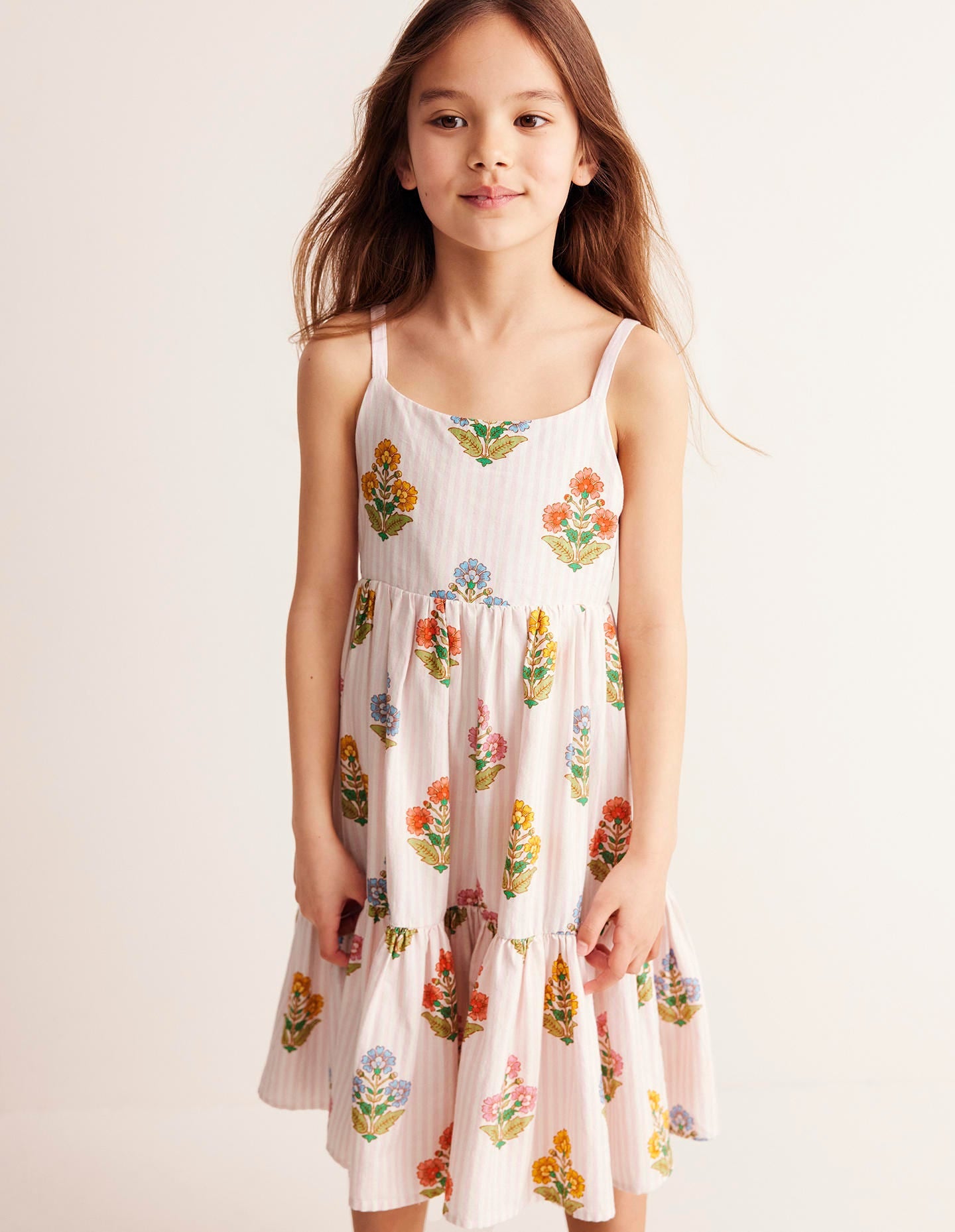 Tiered Twirly Sundress-Pink Woodblock Floral