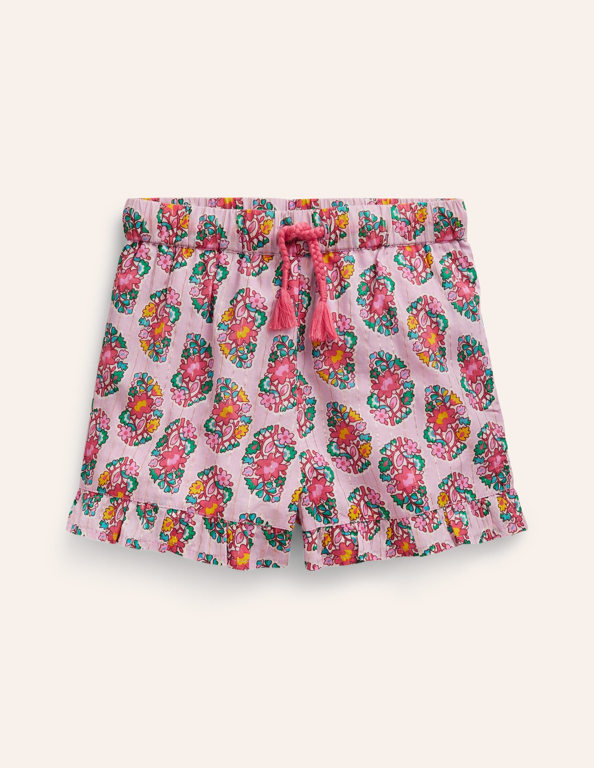 Frill Hem Woven Shorts-Sugared Almond Pink Paisley - Image 1