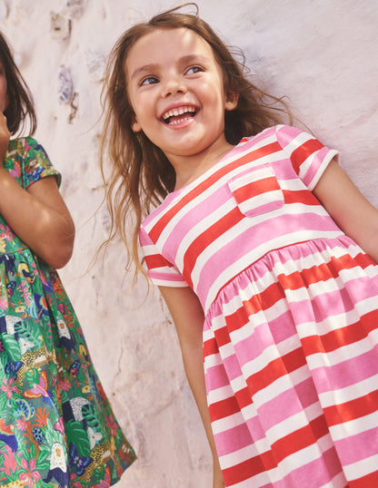 Short-sleeved Fun Jersey Dress-Poppy Red/ Pink Stripe