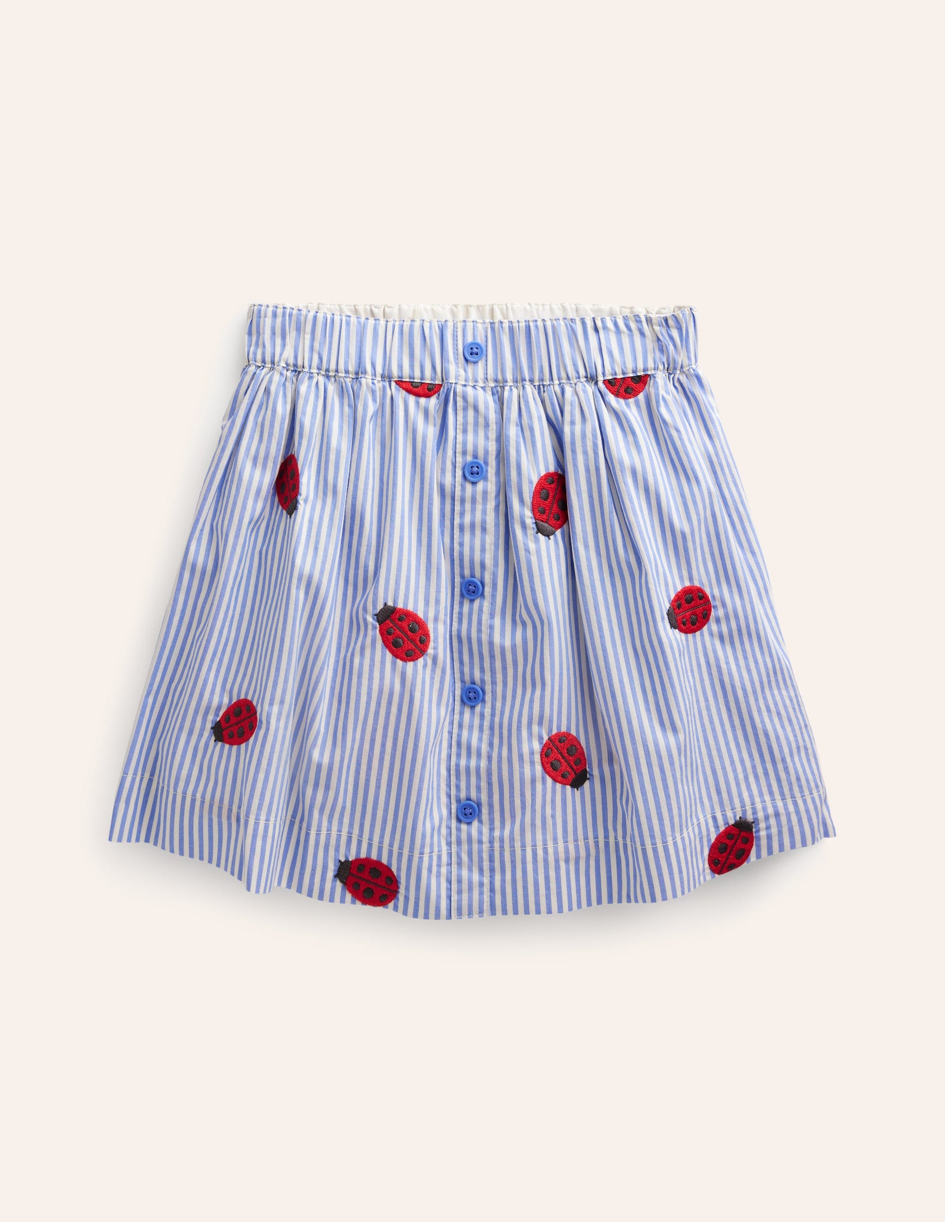 Button Through Twirly Skirt-Ticking Stripe Ladybird-1