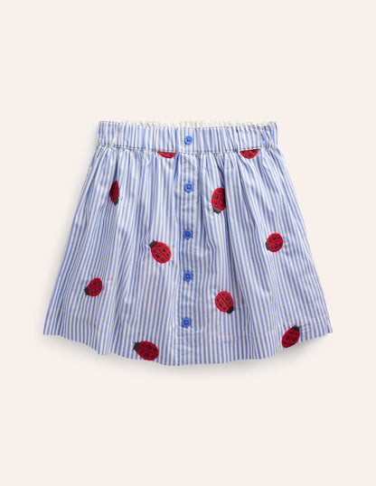 Button Through Twirly Skirt-Ticking Stripe Ladybird-1