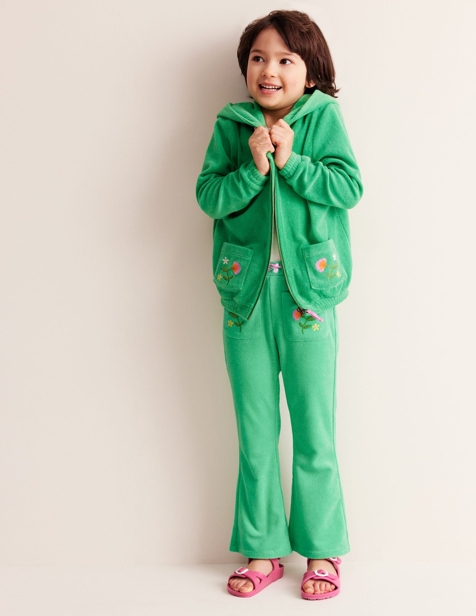 Towelling Flare Trousers-Pea green-2