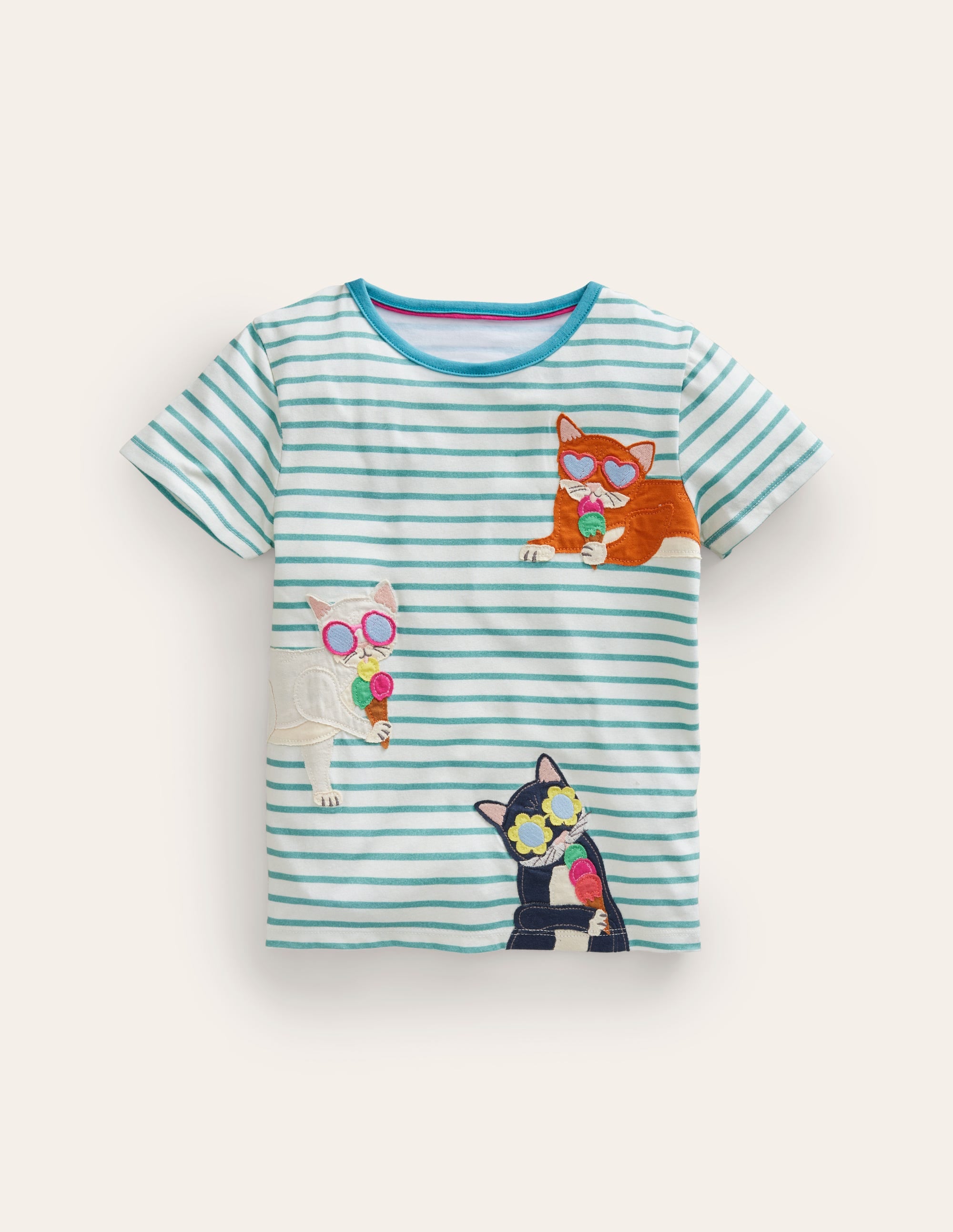 Short Sleeve Appliqué T-shirt-Ivory/ Blue Ice Cream Cat - Image 1