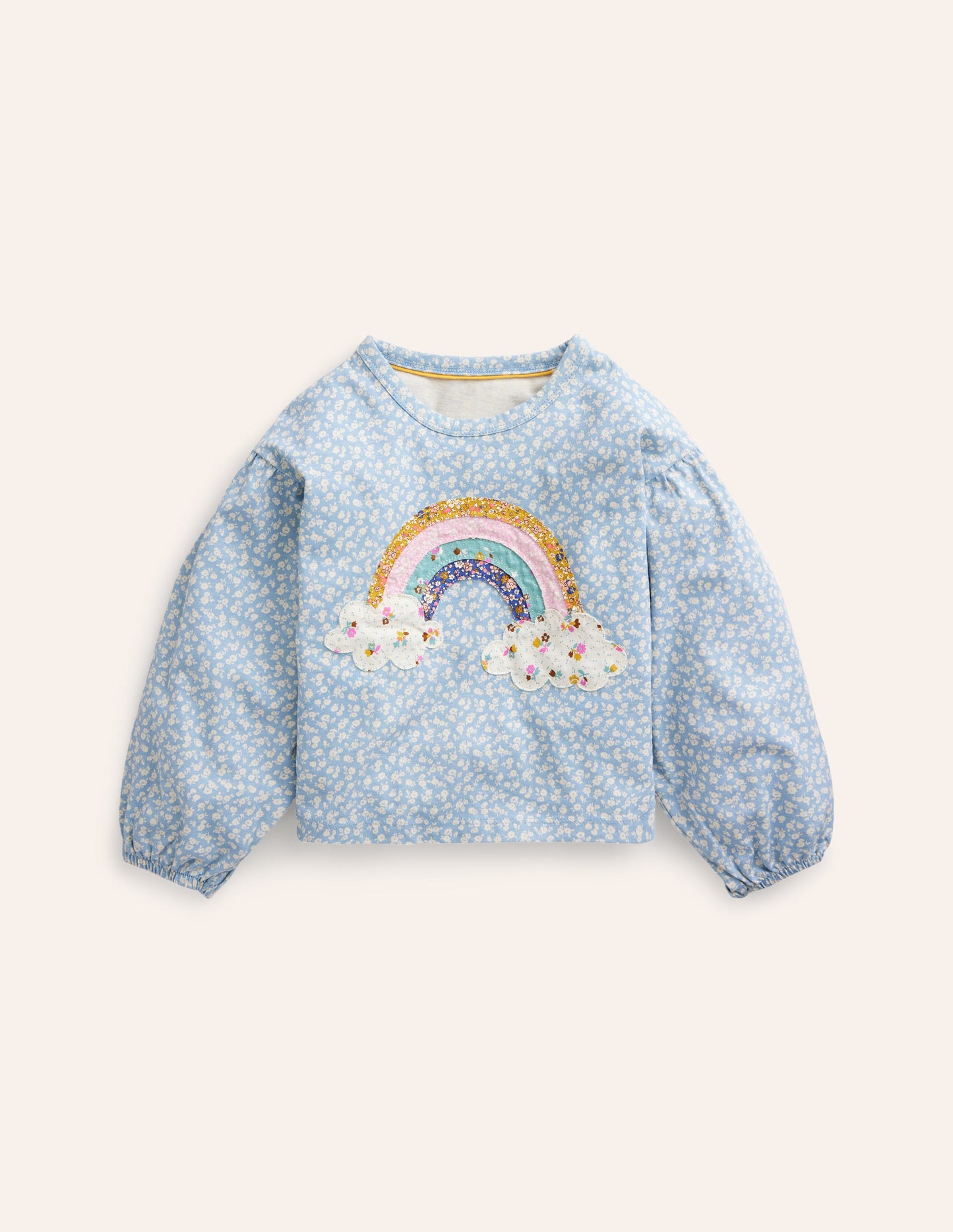 Blouson Sleeve Logo Top-Vintage Blue Ditsy Rainbow