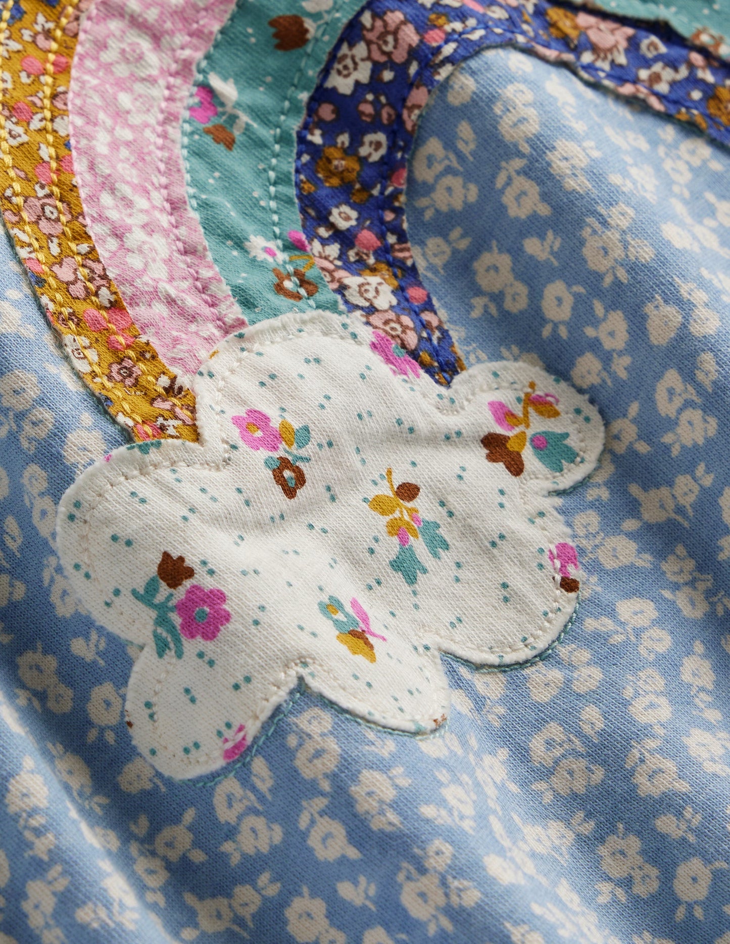 Blouson Sleeve Logo Top-Vintage Blue Ditsy Rainbow